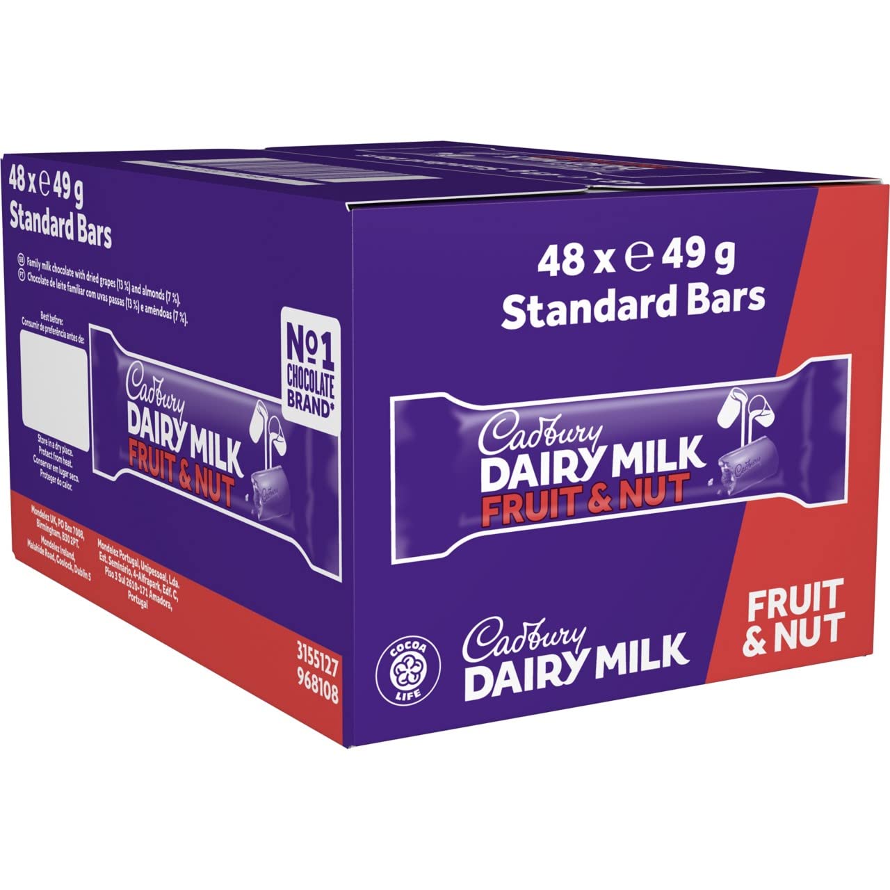 Cadbury Dairy Milk Fruit & Nut Chocolate Bar Single 49g Bar (Pack of 48)