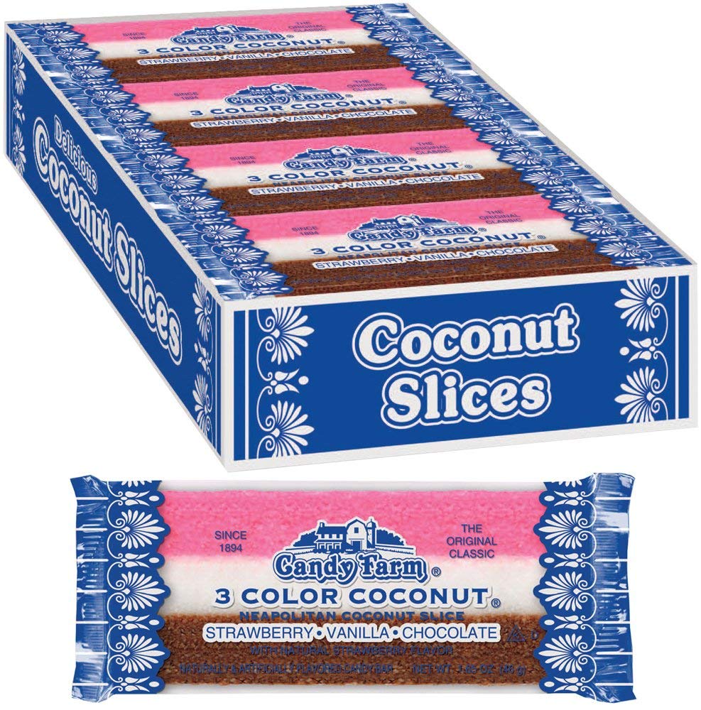 Coconut Slice Candy Bars (24 individually wrapped 1.65oz moist and chewy coconut bars per box)