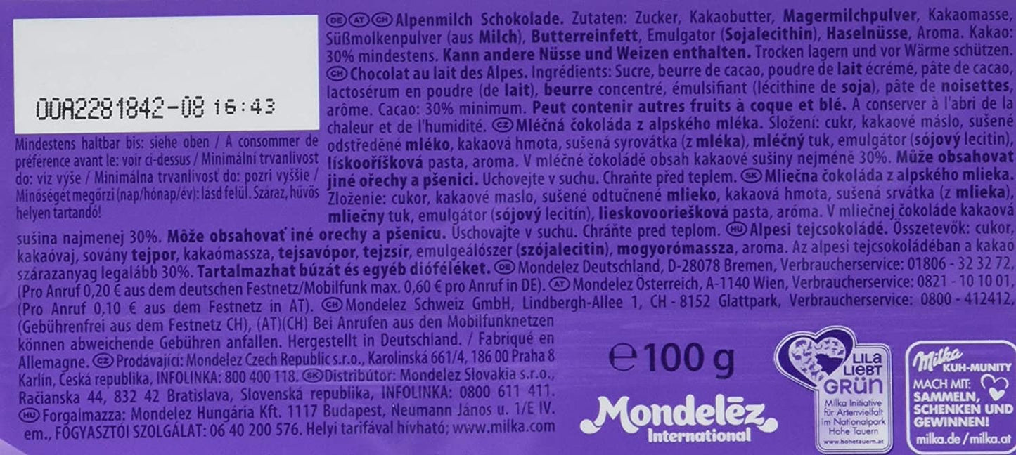 Milka Alpenmilch - Milka Alpine Milk Chocolate Bar - 24 x 100 g - Pack of 24, Germany