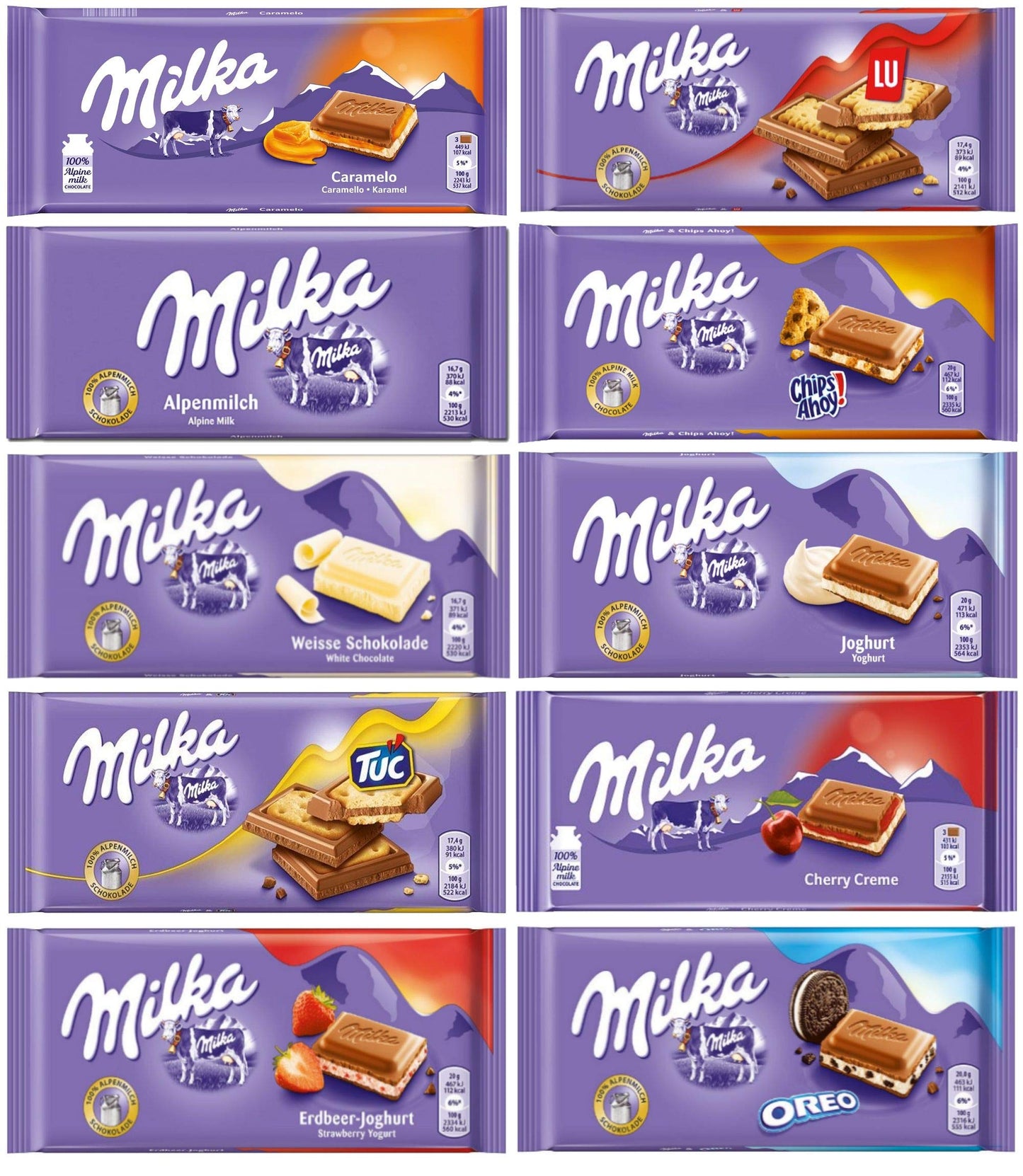 Milka Chocolate Assortment Variety Pack of 10 Full Size Bars - Randomly Selected No Duplicates