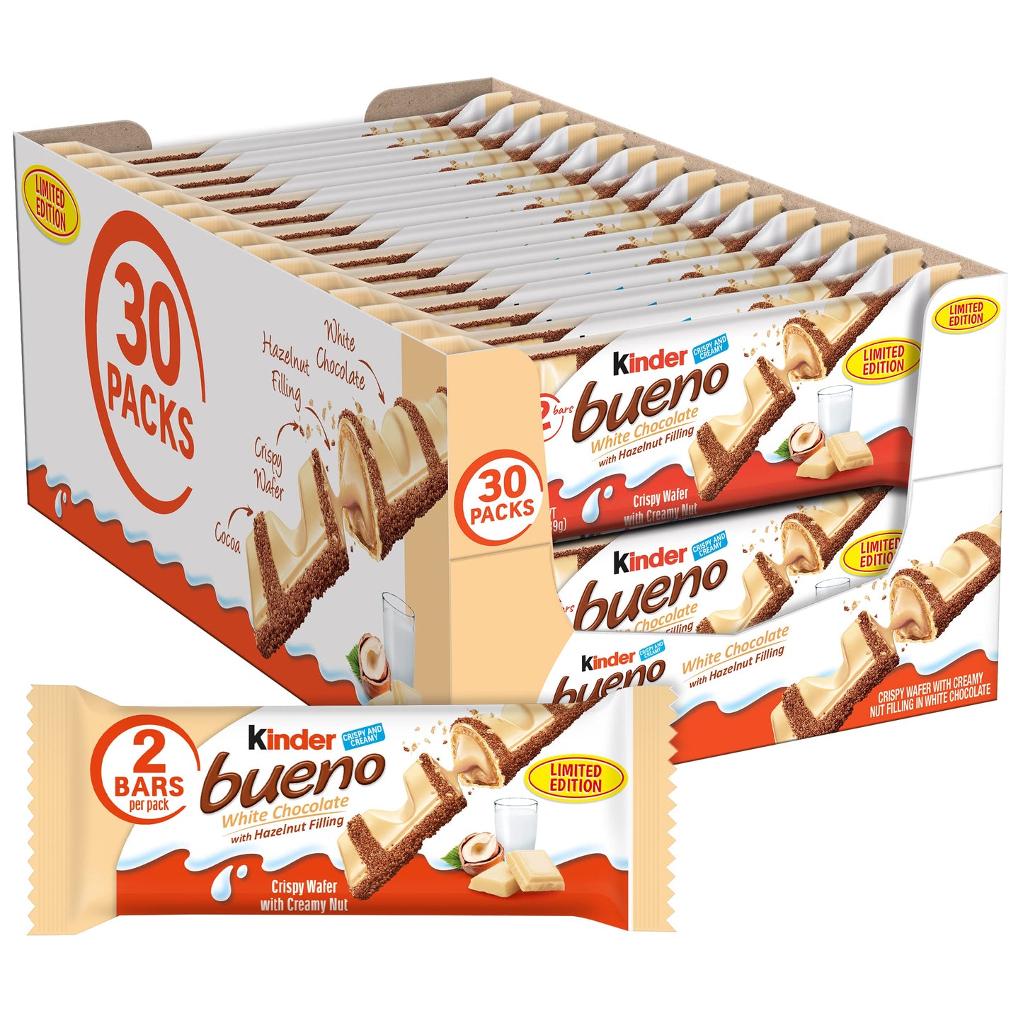 Kinder Bueno White Chocolate and Hazelnut Cream Candy Bar, 2 Individually Wrapped 1.4 oz each, 30 Pack - Limited Edition